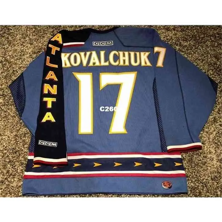 Chen37 Real Men real Full embroidery 17 ILYA KOVALCHUK Atlanta Thrashers WHTE Blue Vintage Hockey Jersey or custom any name or number Jersey
