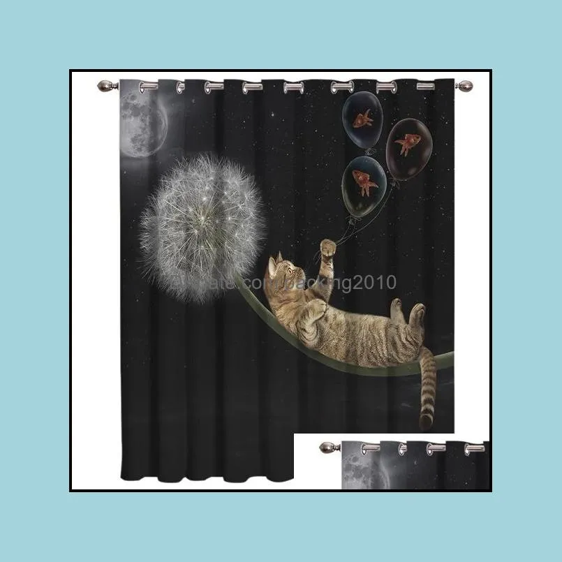 Dandelion cat Room Curtains Large Window Living Room Blackout Fabric Curtain Panels With Grommets Party Decoration Window