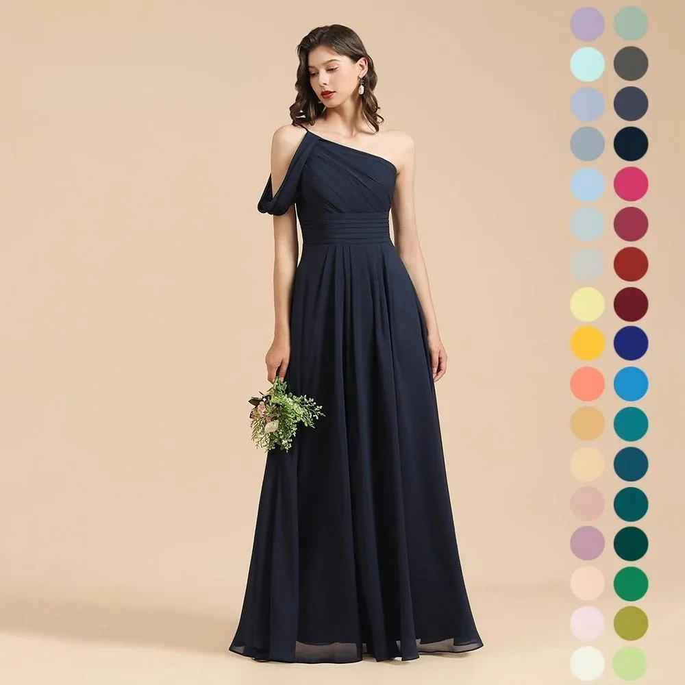 2022 Elegante blu navy abiti da damigella d'onore una linea una spalla lunga estate bohemien matrimoni damigella d'onore abiti da donna occasione sera ballo su misura BM3006