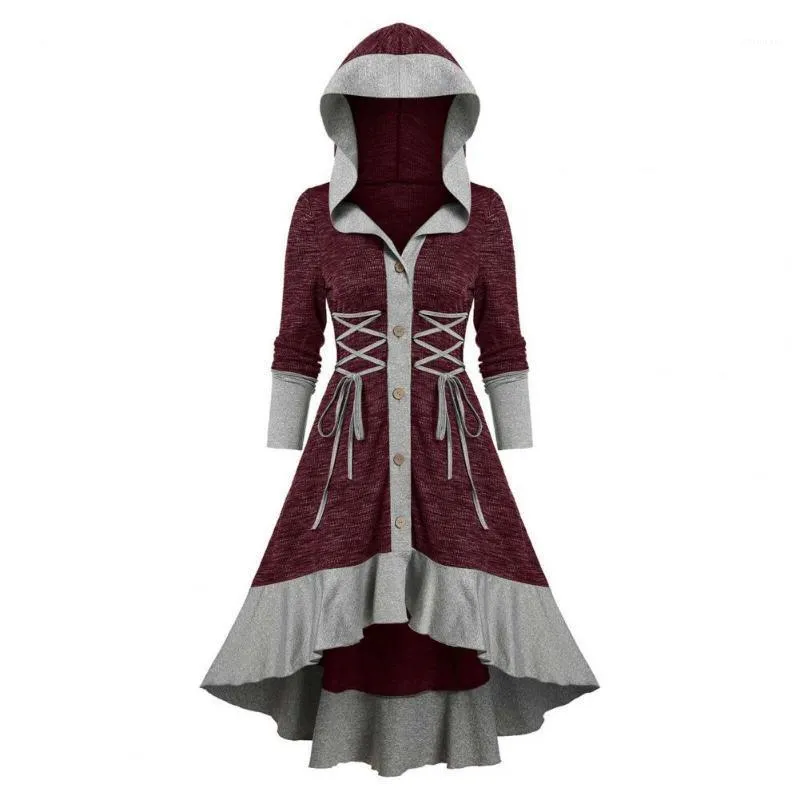 Casual Dresses Vintage Women Hooded Dress High Low Hem Button Ruffles Patchwork A-Line Autumn Winter Party Ladies Clothing
