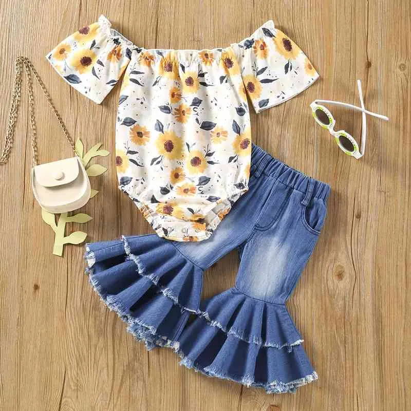 Citgeett Summer Baby Girls Outfits Flower Print Off Axel Short Sleeve Rompers på Flare Pants Clothing Set J220711