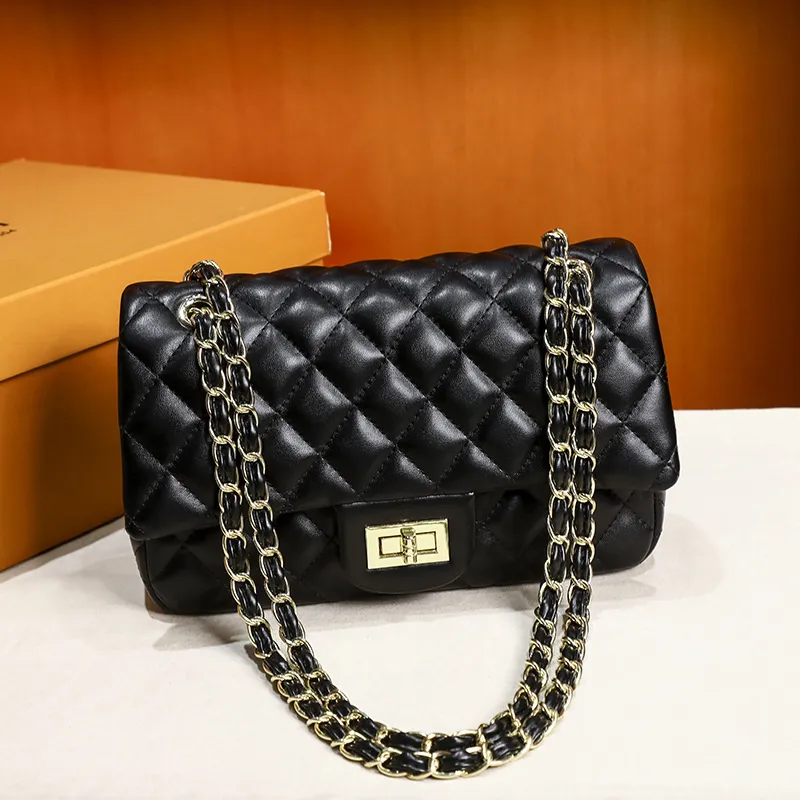 W 5A Designer Top custom luxury brand bag Channel 2022 Handbag PU Leather gold chain Slant shoulder black and white