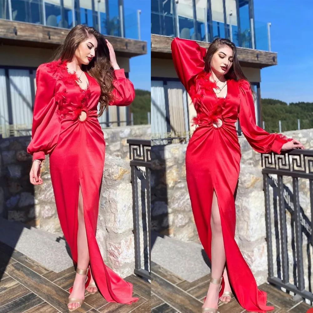 Rotes sexy Kleid mit langen Ärmeln, Federperlen, Applikation, Spitze, Satin, für formelle Anlässe, maßgefertigt, bodenlang