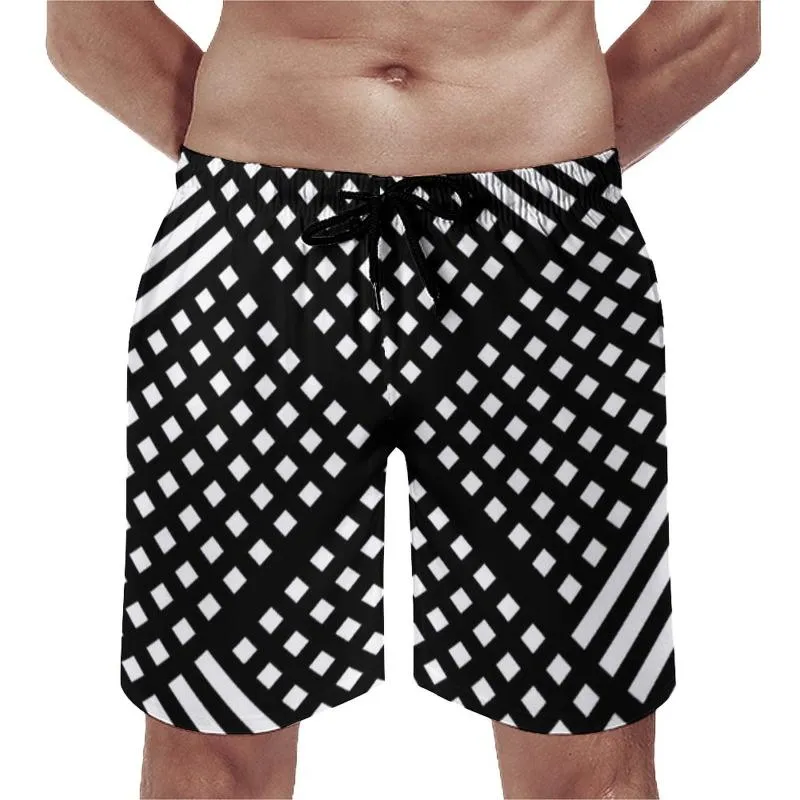 Men's Shorts Black White Striped Board Abstract Geometric Print Beach Men's Drawstring Pattern Swim Trunks Plus SizeMen's
