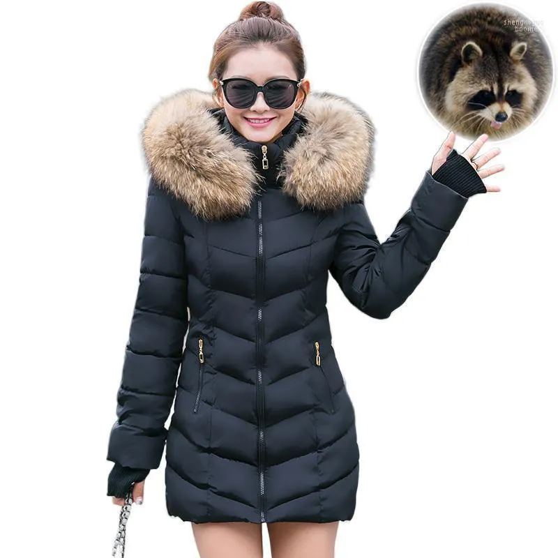 Faux Raccoon Fur Women's Winter Down Jacket med en huva tjock Parkas L￥ng kvinnlig kappa Slim Warm Winter1