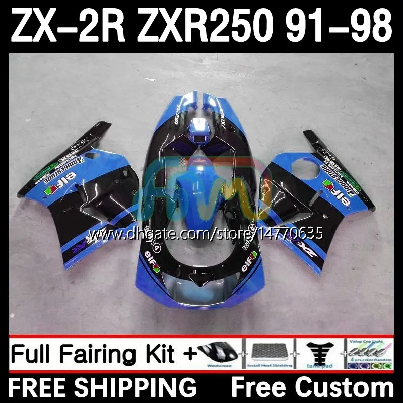 Набор для тела для Kawasaki Ninja ZXR-250 ZX 2R 2 R R250 ZXR 250 ZXR250 1991 1992 1993 1994 1995 1996 1997 1998 9dh.17 ZX-R250 ZX-2R ZX2R 91 92 93 94 95 96 97 98 Fairing Blue Blac