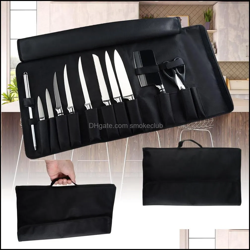 Cucina Cuoco Cuoco Coltello Borsa Rotolo Custodia da trasporto Portatile Durevole Conservazione 12 Tasche Colori neri Strumento Drop Delivery 2021 Organizzazione Casa