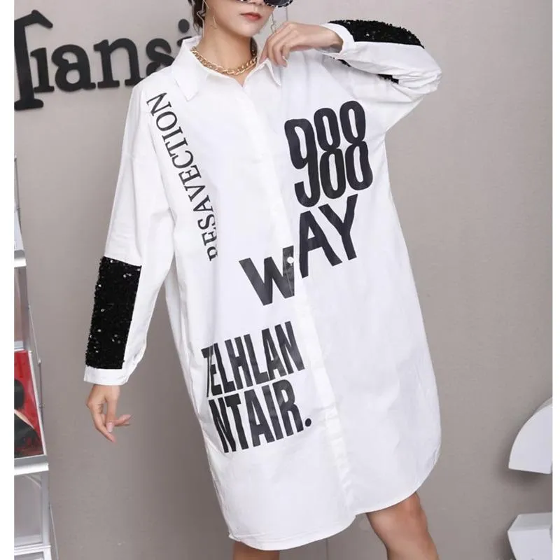 Women's Blouses & Shirts Black White Letter Print Women Blouse 2022 Spring Autumn Sequin Long Sleev Plus Size Casual Z614