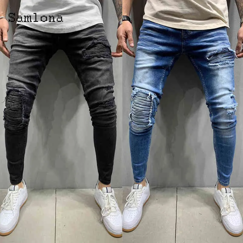 Mens Skinny Jeans Moda Denim Pant Masculino 2020 Hole Rasgado Calças Streetwear Homens Zíper Denim Pant Blue Hip Hop Lápis Calças G0104