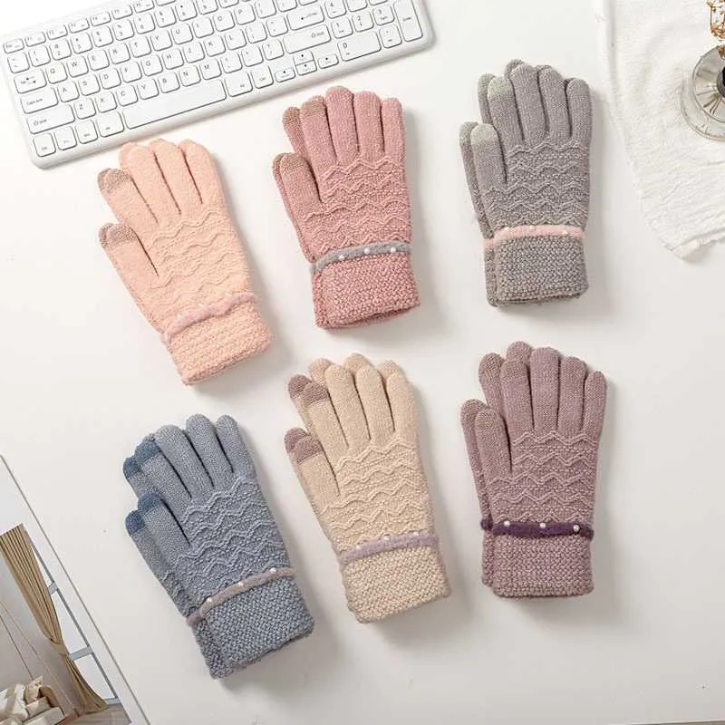 Пять пальцев перчатки женщины зимнее вязаное теплый сенсорный экран