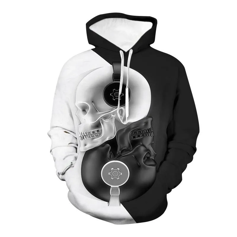 Felpe con cappuccio da uomo Felpe Felpa con cappuccio con stampa 3D da uomo Stile punk creativo Bianco e nero Tai Skull Moda invernale Uomo Abbigliamento