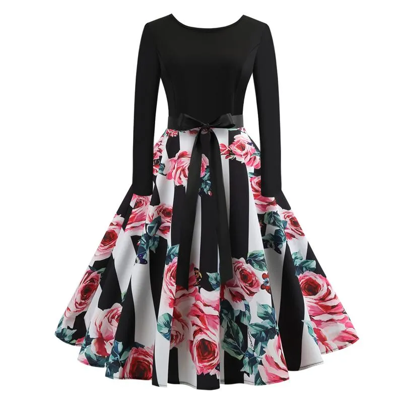 Casual Dresses Floral And Striped Print Vintage A Line Women Summer Rockabilly Dress With Belt Long Sleeve O-Neck Elegant Runway Midi