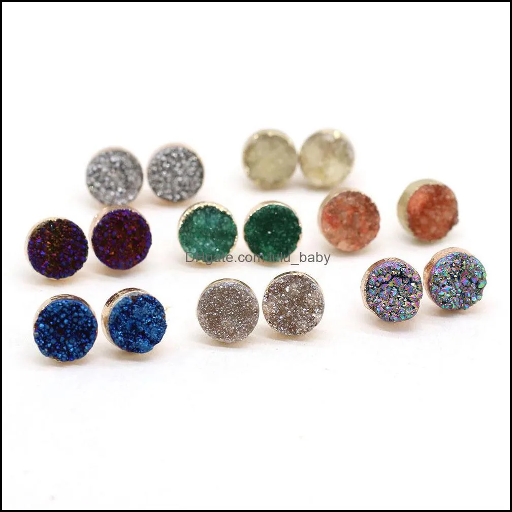 12mm natural stone color plated stud druzy drusy quartz crystal stones gold studs earrings jewelry for wome lulubaby