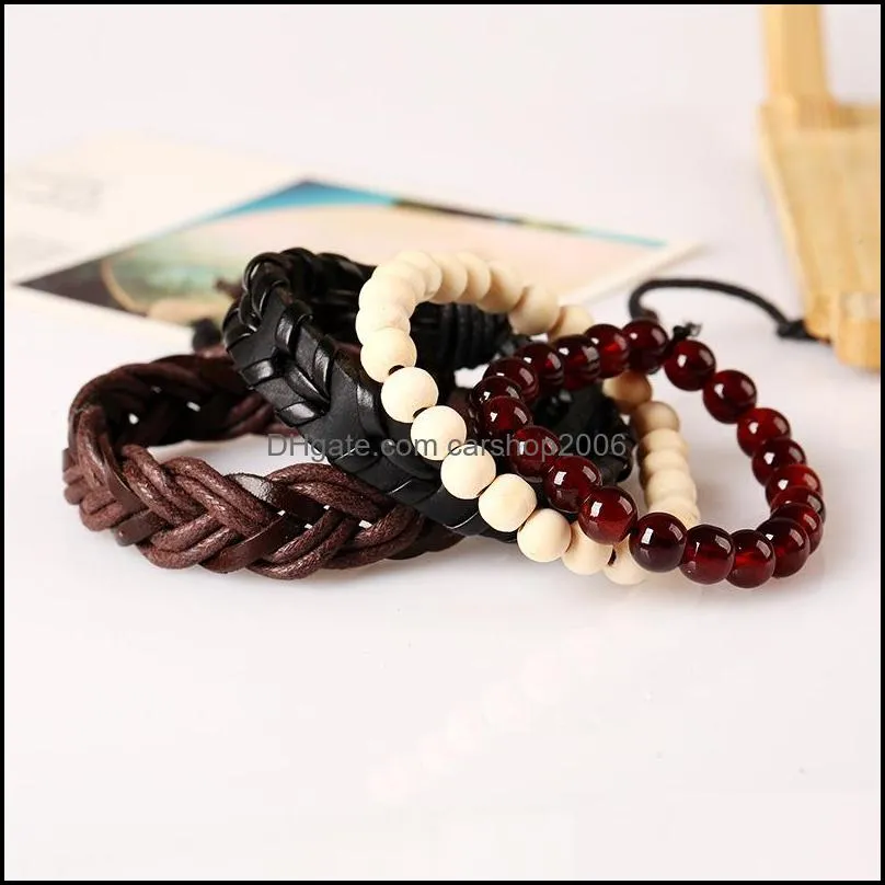 4pcs set unisex leather rope braided handmade beaded charm bracelets for women men punk bangle jewelry