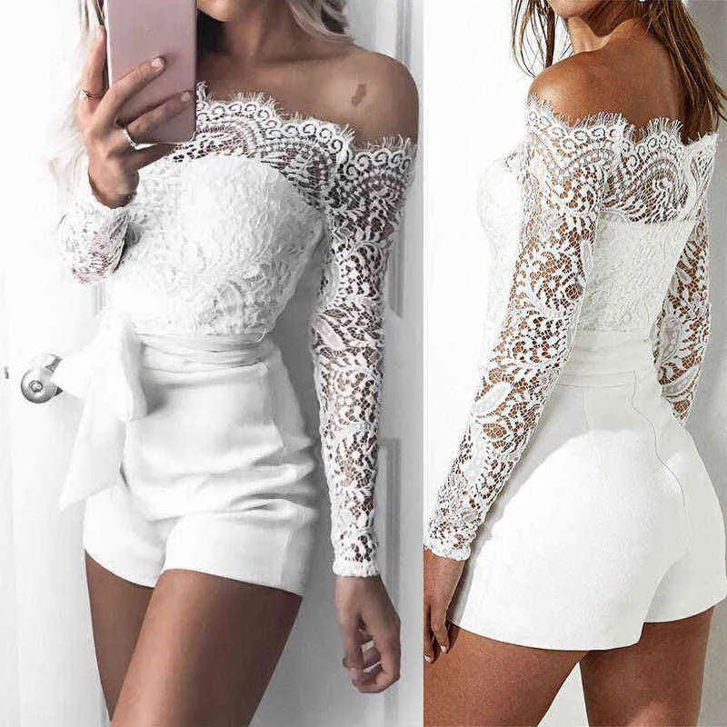 Women Summer Off Shoulder Sexy Playsuits Fashion Ladies Long Sleeve Sheer Lace Patchwork Hollow Bandage Skinny Playsuits T220704