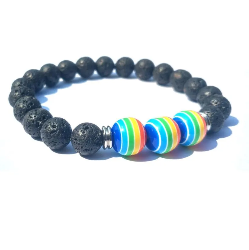 10mm rainbow striped 8mm black lava stone beads elastic bracelet  oil diffuser bracelets volcanic rock beaded hand strings