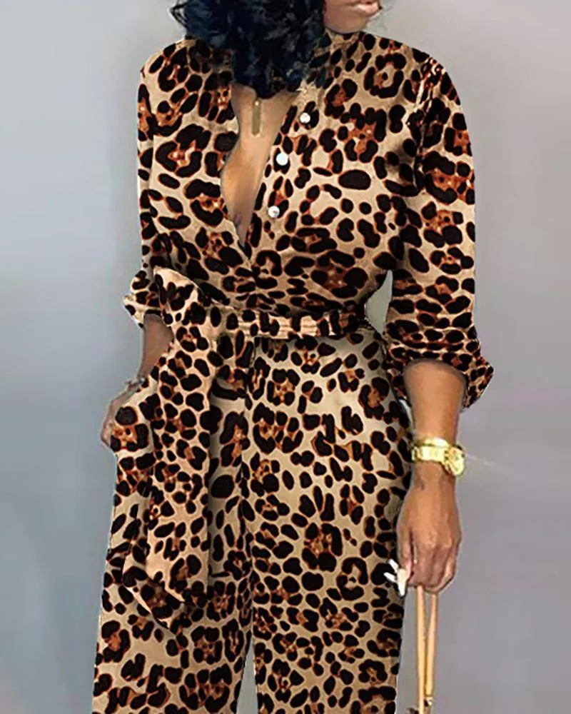 Kvinnors jumpsuits Rompers Leopard bundet midja lång ärm Jumpsuit Kvinnor mode ett stycke overaller casual streetwear xxxl