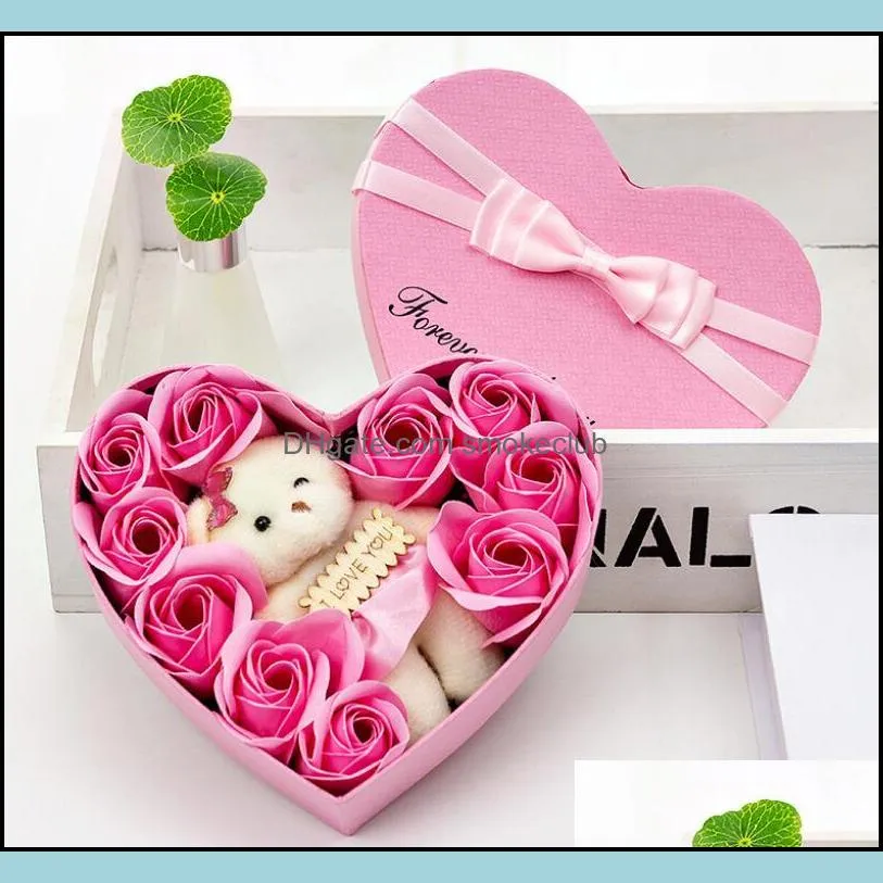 Fedex 10 Flowers Soap Flower Gift Rose Box Bears Bouquet for 2022 Valentines Day Wedding Decoration Gift Festival Heart-shaped Box