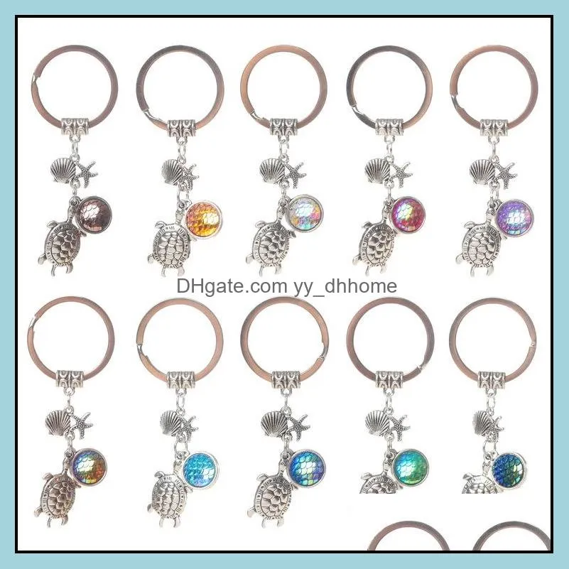 Fashion Drusy Druzy keychain Mermaid Key Rings Tortoise Starfish Fish Scale Charms Keychain Jewelry For women