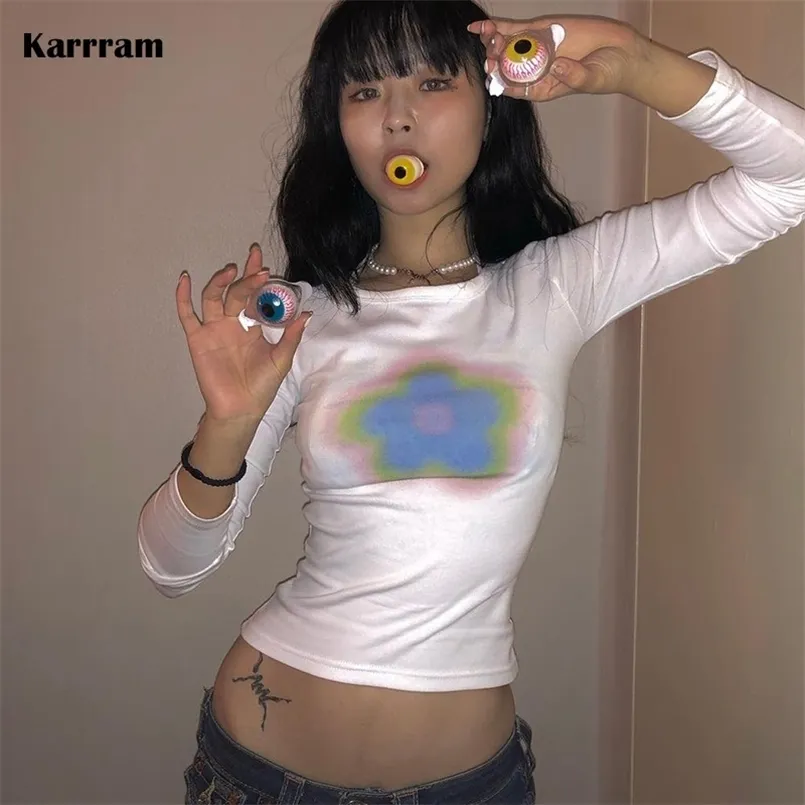 Karrram Y2k Aesthetics Crop Tops Long Sleeve Graphic T Shirt Gradient Printed Fairycore Grunge Clothes Korean Fashion Streetwear 220728