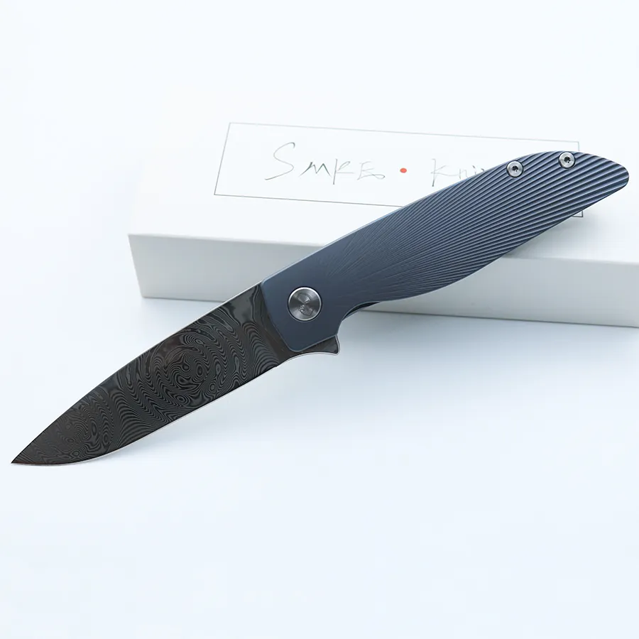 Smke Knives Rask Flipper складной нож Damascus Blade Blue Anodized Titanium Hande Drain