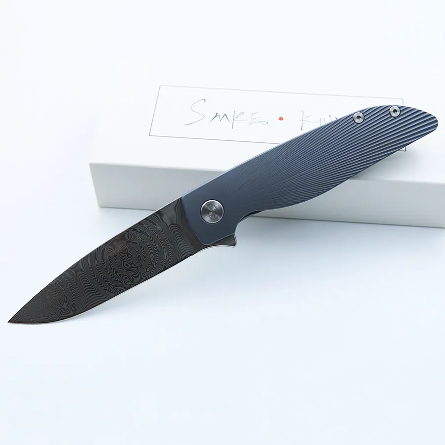 Smke Knives Rask Flipper Klappmesser Damaskus-Klinge, blau eloxierter Titan-Griff, Überleben, taktisches Taschenmesser, Outdoor-Camping-Werkzeuge