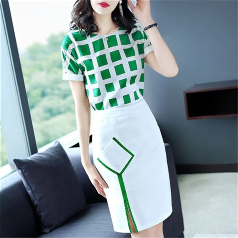 Azterumi Women Fashion Two Pieces Set Summer New Women's Short Sleeve Plaid Print Tops and Bodycon Mini Skirt Sets Clothing T200325