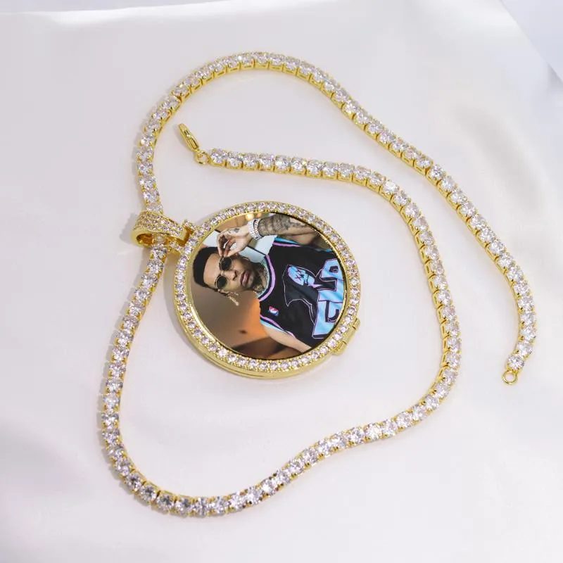 Pendant Necklaces Round Po Custom Made Medallions Picture Necklace & Tennis Chain Gold Color Cubic Zircon Men's Hip Hop JewelryPenda