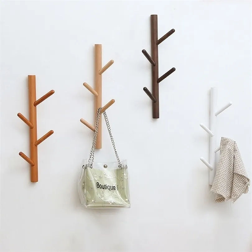 Nordic Simple Beech Tree Wall Hanging Solid Wood Coat Hook Storage Rack Wall Hanging Wood Hanger 210318