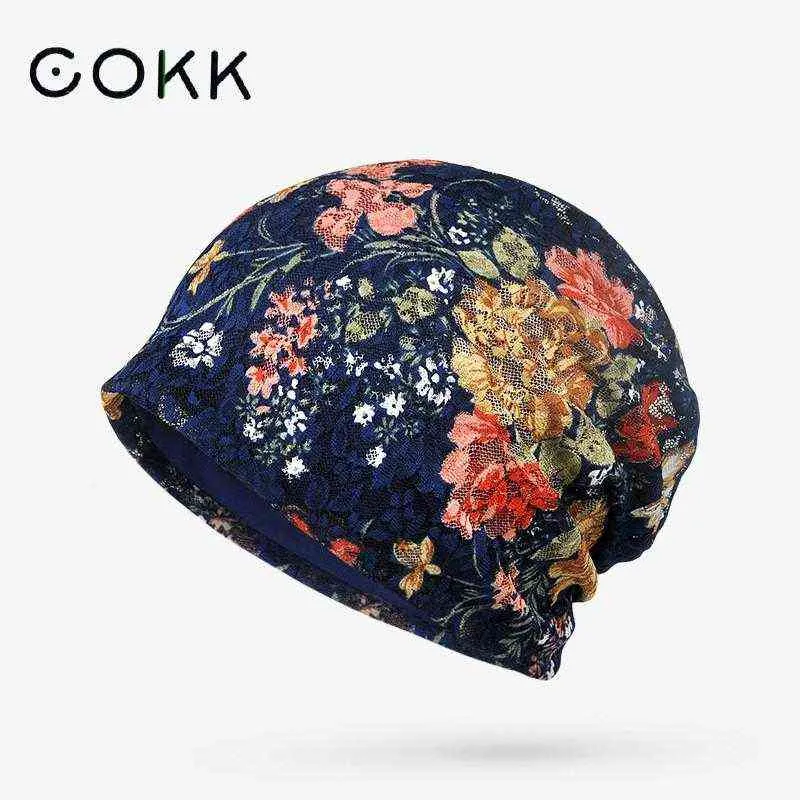 Cokk Hats For Women Tulband Hat Hollow Lace Flower Beanie Skullies Hats Baggy Cap Bone Female Cap Summer Autumn Sun Hat Random J220722