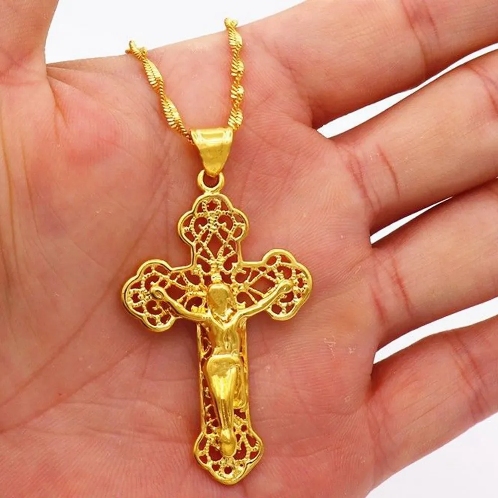 Small/Big Jesus Cross Pendant Chain for Women Men 18k Yellow Gold Filled Fashion Simple Filigree Crucifix Jewelry Gift