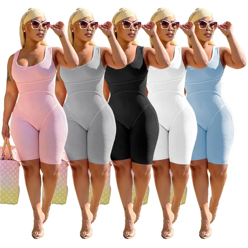 Großhandel Sommer Strampler Frauen Feste Overalls Sexy Ärmellose Gestrickte Playsuits Lässige Bodycon Overalls Schwarze Leggings Massenartikel 7341