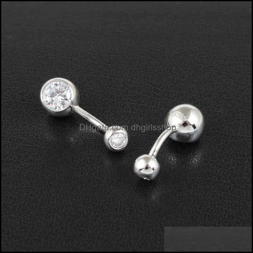 real 925 sterling silver belly button ring clear double zircon stones body ball navel bar piercing jewelry