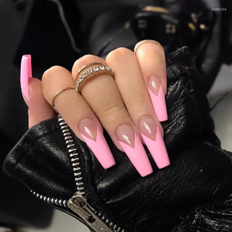 False Nails Pink V French Coberte Pressione na unha 24pcs longos trapezoidal manicure vestível Patch removível Prud22