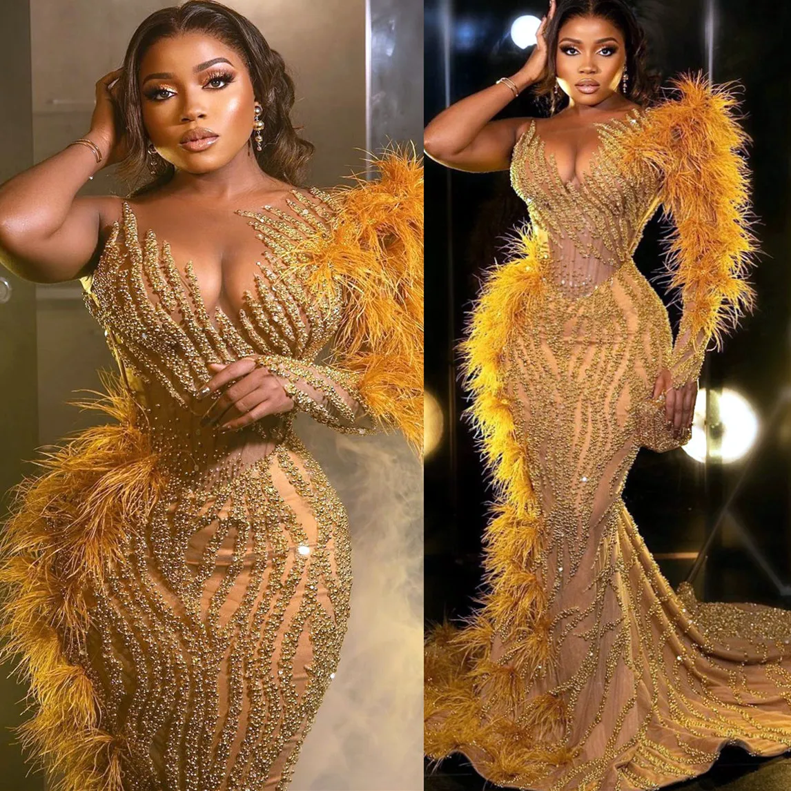 Gold Mermaid Plus Size Aso Ebi Gold Prom Dress with Feather Beading for Evening, Formal, Party, Reception, Birthday, and Engagement - 2022 Collection