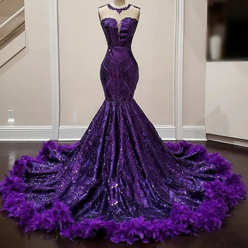 2022 Sequin Purple Mermaid Second Hand Prom Dresses With Feathers Sexy