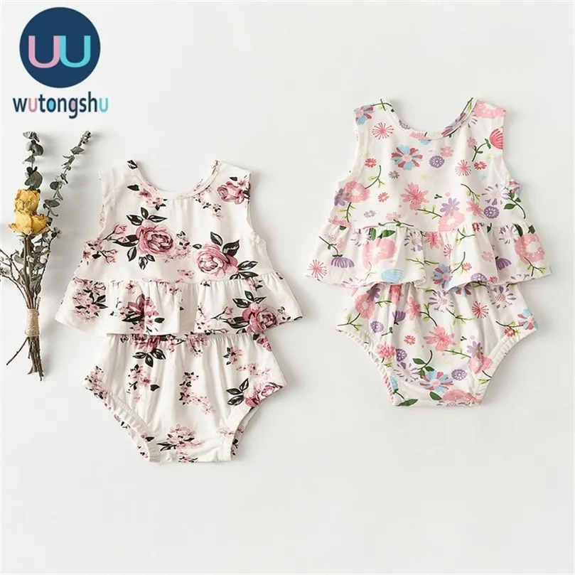 Babymeisjeskleding Sets 2 pc's Zomer Katoen Linnen Casual Tops Mouwloze bloemenpatroon Topshorts Geboren Baby Girl Clothing Set LJ201223