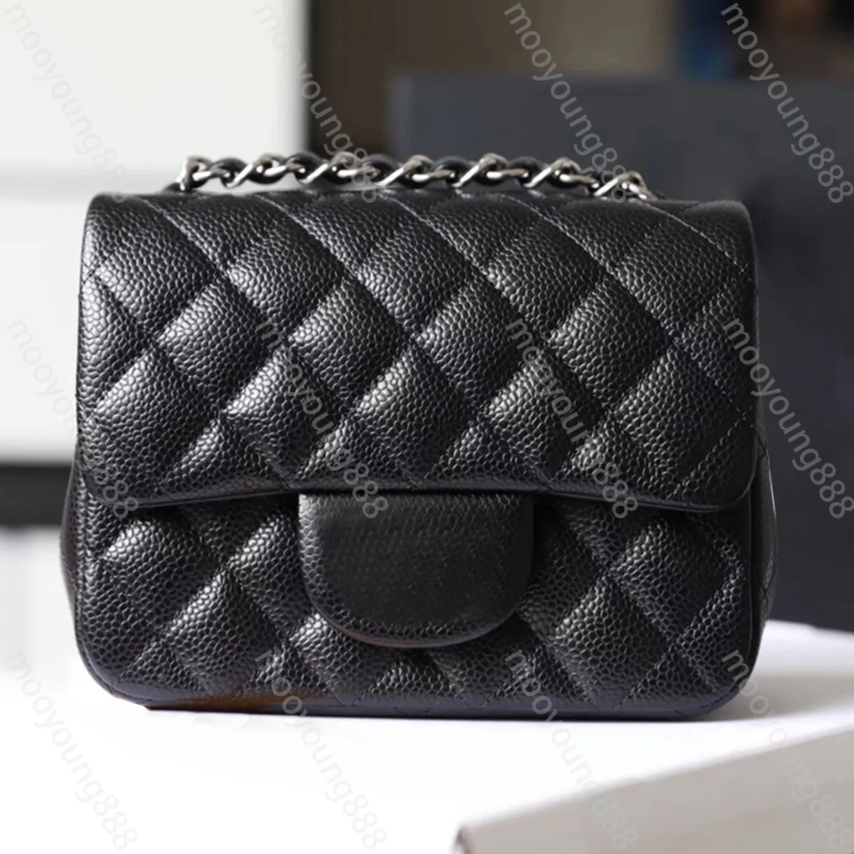 10A 최고 계층 품질의 고급 디자이너 미니 스퀘어 플랩 가방 진짜 가죽 캐비어 램 스킨 클래식 블랙 지갑 퀼트 행