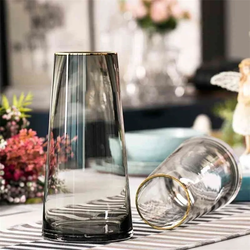 シンプルなガラス花瓶のリビングルームフラワーウェアホームデコレーションフラワー花瓶の花瓶装飾210409