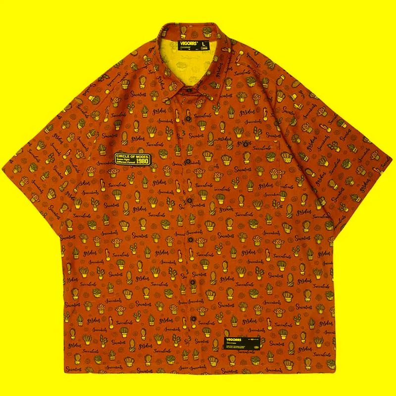 Men's Casual Shirts Men Oversize Hawaii Short Sleeve Full Cactus Print Turn-Down Collar Shirt 2022 Summer Unisex Vintage Male Tropical TopsM