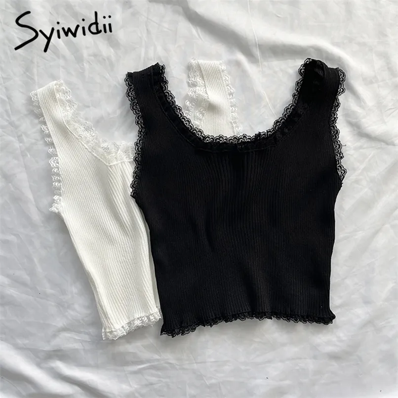 Syiwidii ​​Lace Black Tank Tops voor Vrouwen Kleding Crop Top T-shirt Leuke Sexy Wit Bustier Korte Solid Spandex Stretch gebreide 220316