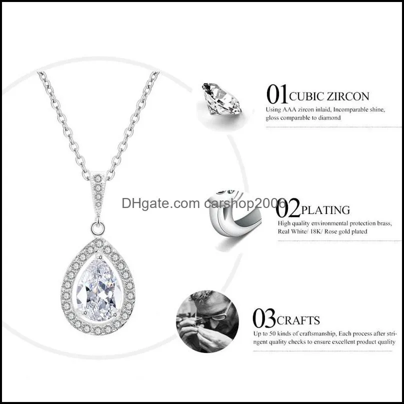 New Fashion Crystal Zircon Stone Necklace Water Drop Zircon Pendant Necklace For Women Girls Gold Silver Color Jewelry Bridesmaid Gift