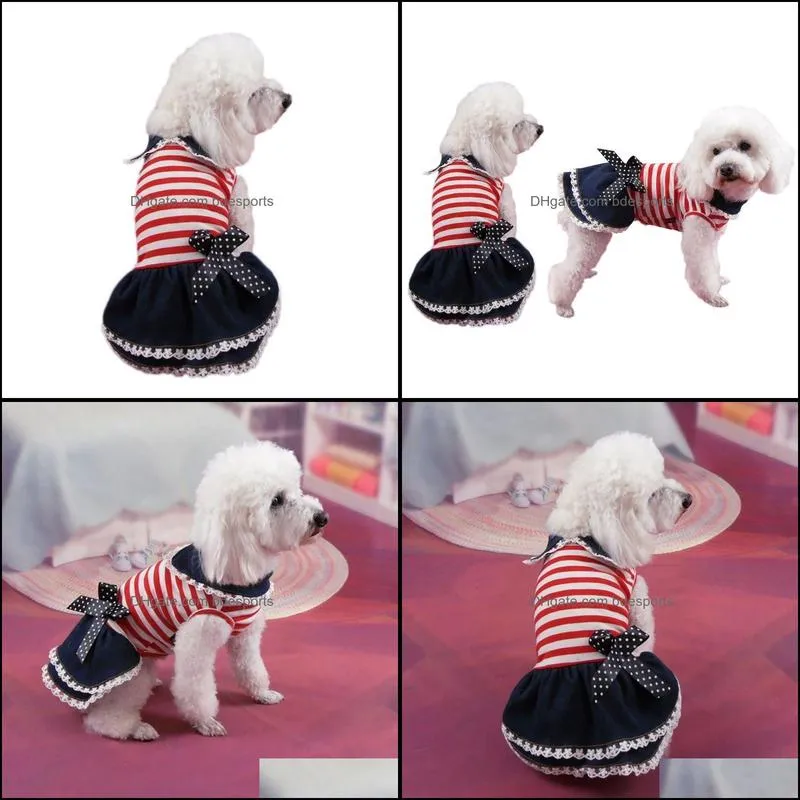 Puppy Dog Pet Stripe Costume Princess Dress Lace Pleated Lapel Stripe Bow Pet Supplies Dog Denim Clothes