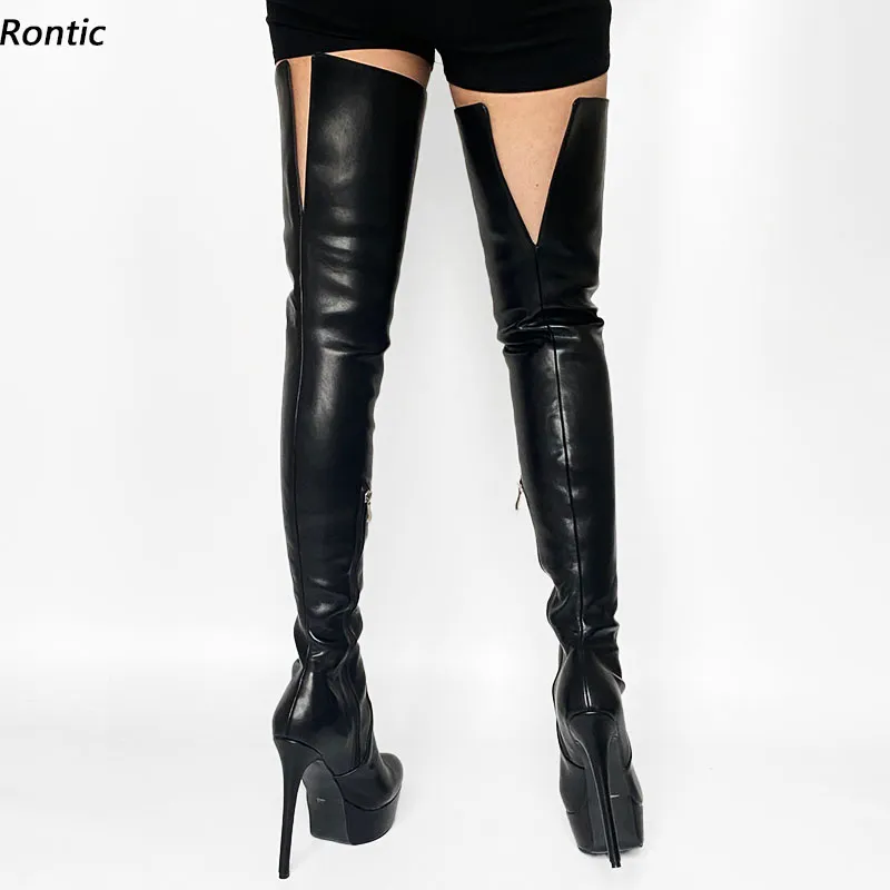 Rontic Women Winter Long Boots Platform Stiff Faux Läder Side Zipper Stiletto Heels Runda Toe Black Party Shoes US Storlek 5-20