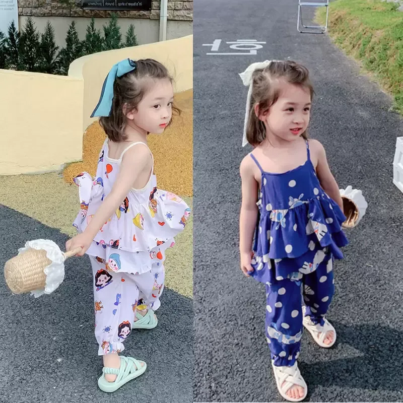 Sommer Mädchen Kleidung Set Baby Kinder Cartoon Punkte Strap Sun-top mit Hosen 2 stücke Kleidung Anzug Kinder Outfits