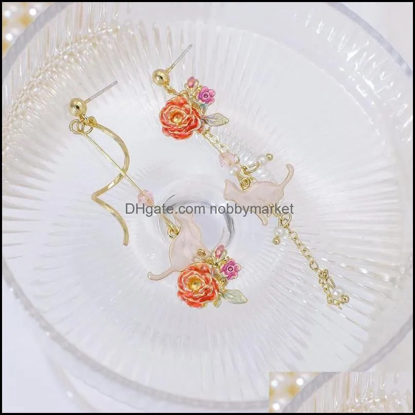 Dangle & Chandelier Lifefontier Exquisite Colorful Enamel Rose Drop Earrings For Women Asymmetric Shell Cat Charm Chain Tassels