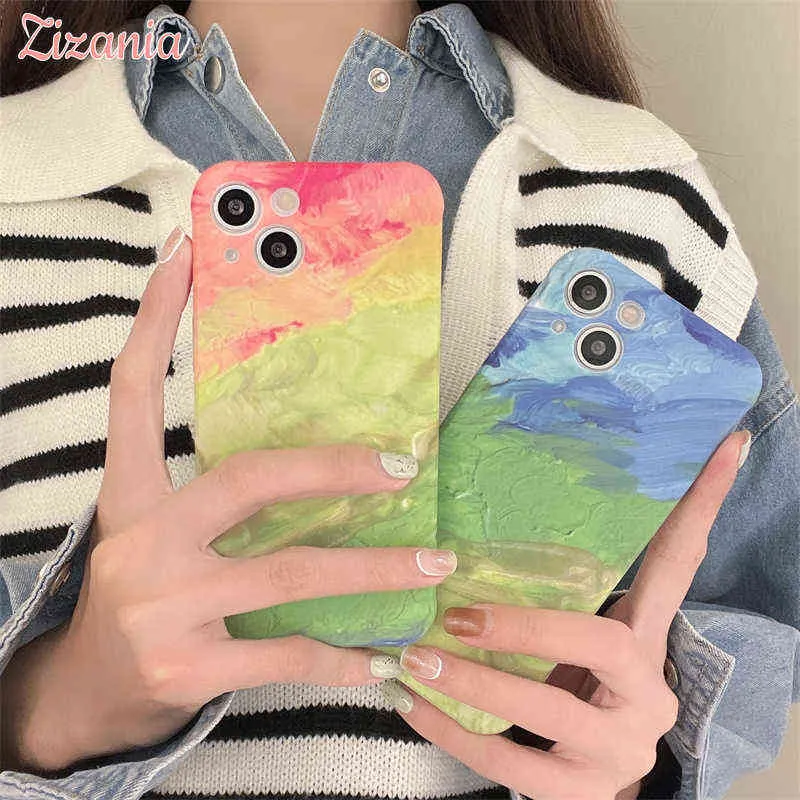 Fashion Retro Gradient oil painting Phone Case For iPhone 13 12 11 Pro Max XS Max X XR 7 8 Plus Simplicity Shockproof Cover Girl AA220325