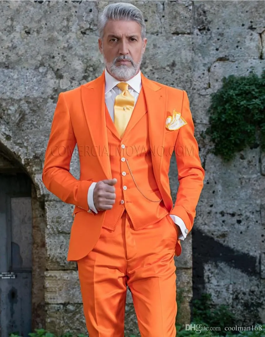 Laranja noivo tuxedos pico groomsmen homens vestido de casamento excelente homem jaqueta blazer 4 peças terno (jaqueta + calça + colete + gravata)