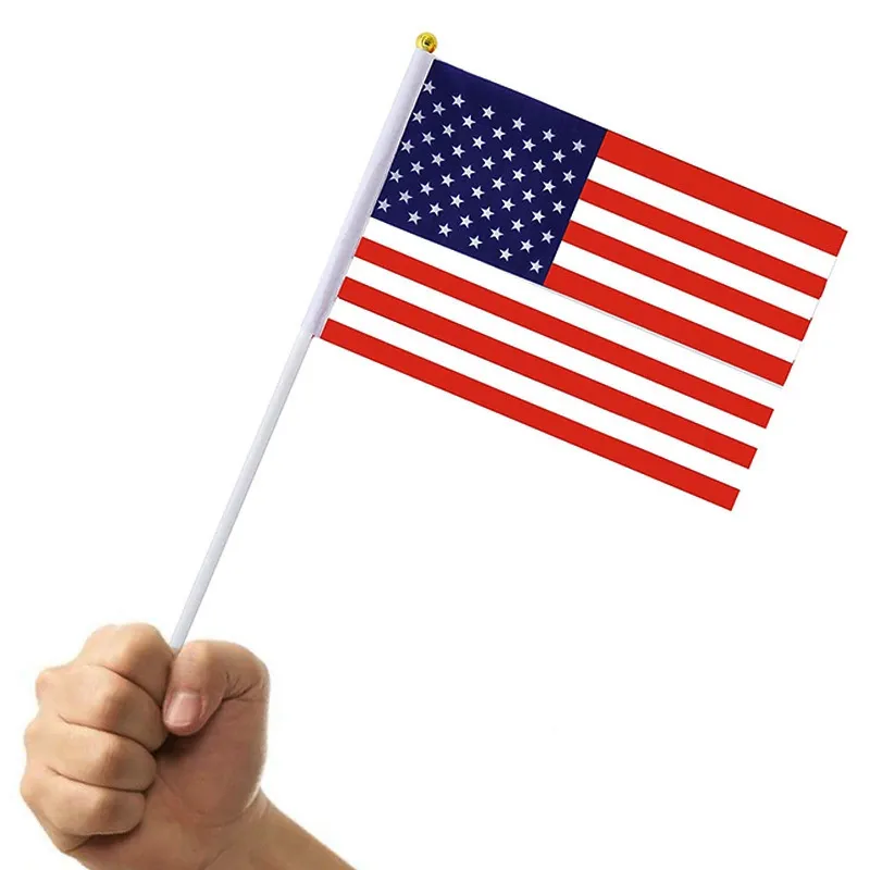 American Flag Hand Waving Flags Polyester Festive USA Independence Day US Garden Flags Banner With Flagpole