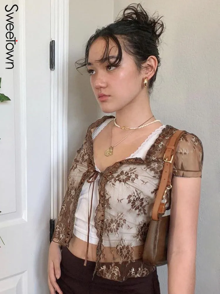 Brown Vintage Lace T Shirt Crop Top Short Sleeve See Through Sexy Mesh Woman Tshirts V Neck Up Floral Kawaii